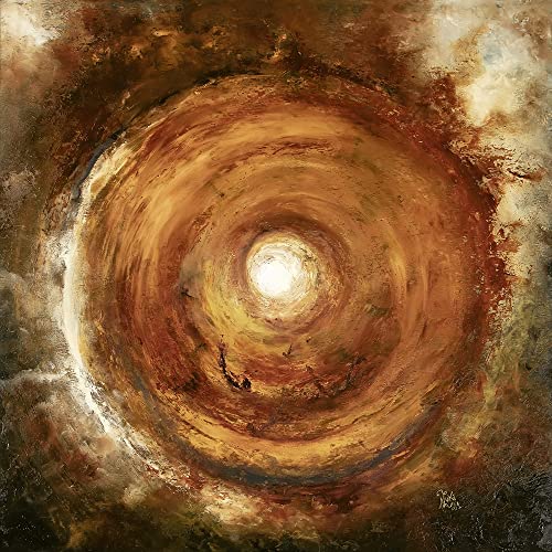 Abstract painting of a swirling, tunnel-like form in brown and white.