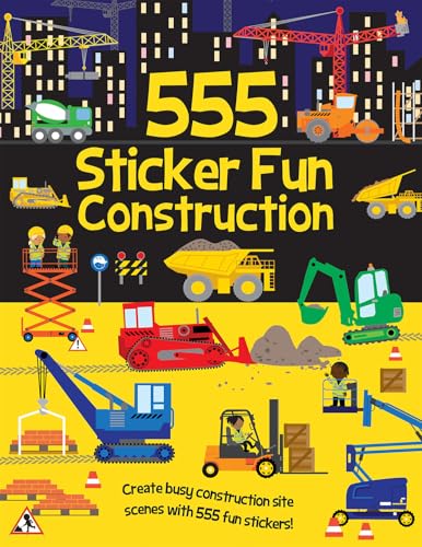 Construction sticker book cover with trucks, cranes, and workers on a yellow background.