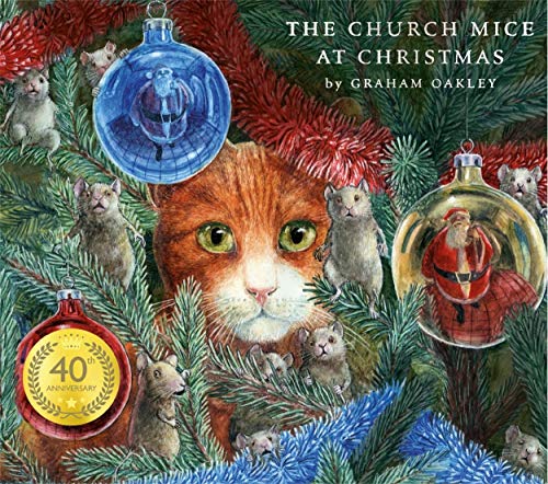 An orange cat and several mice among Christmas tree branches and ornaments.