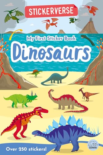 Colorful dinosaur sticker book cover with various prehistoric creatures.