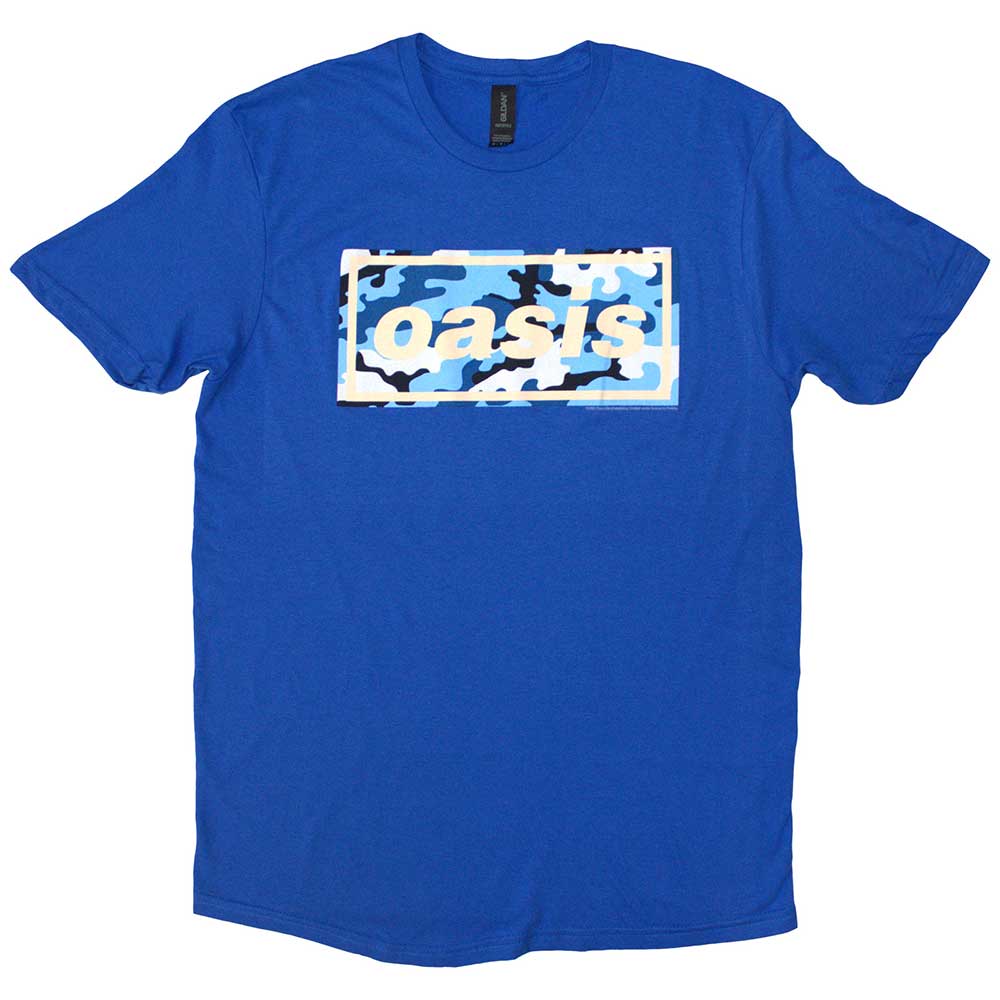 Navy blue t-shirt with Oasis logo in camouflage design.