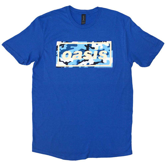Navy blue t-shirt with Oasis logo in camouflage design.