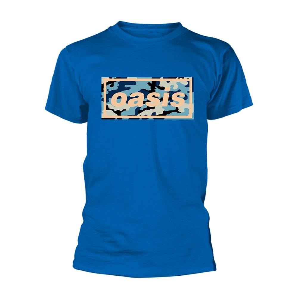 Royal blue Oasis t-shirt with camouflage and band logo graphic.