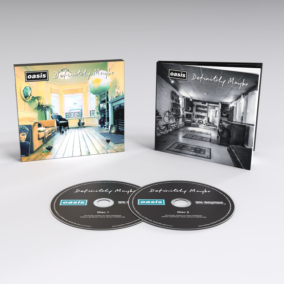 Oasis Definitely Maybe 30th Anniversary Edition CD set with two discs and illustrated covers.