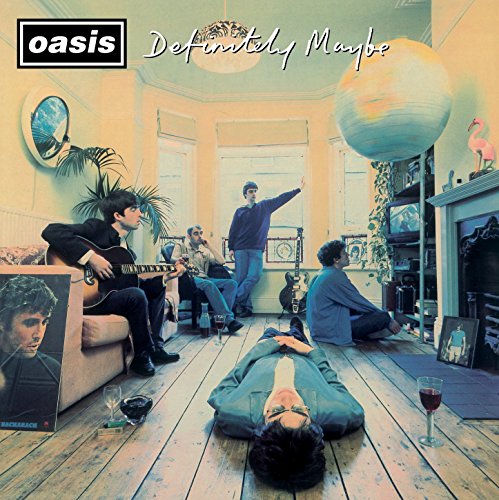Oasis “Definitely Maybe” album cover: band in a cluttered living room.