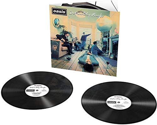 Oasis “Definitely Maybe” vinyl record with album cover and two black discs.