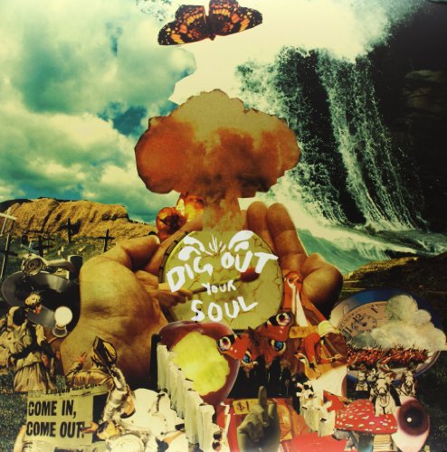 "Oasis album cover featuring a hand holding a mushroom cloud, surreal landscape."