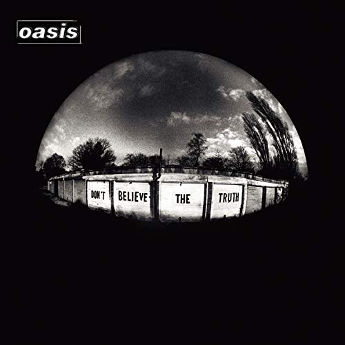 Oasis album cover: black and white image of a fence with text.