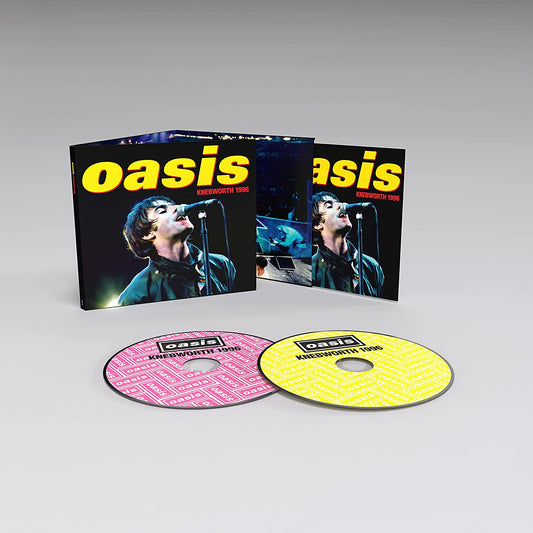 "Oasis Knebworth 1996" album cover featuring Liam Gallagher singing into a microphone.