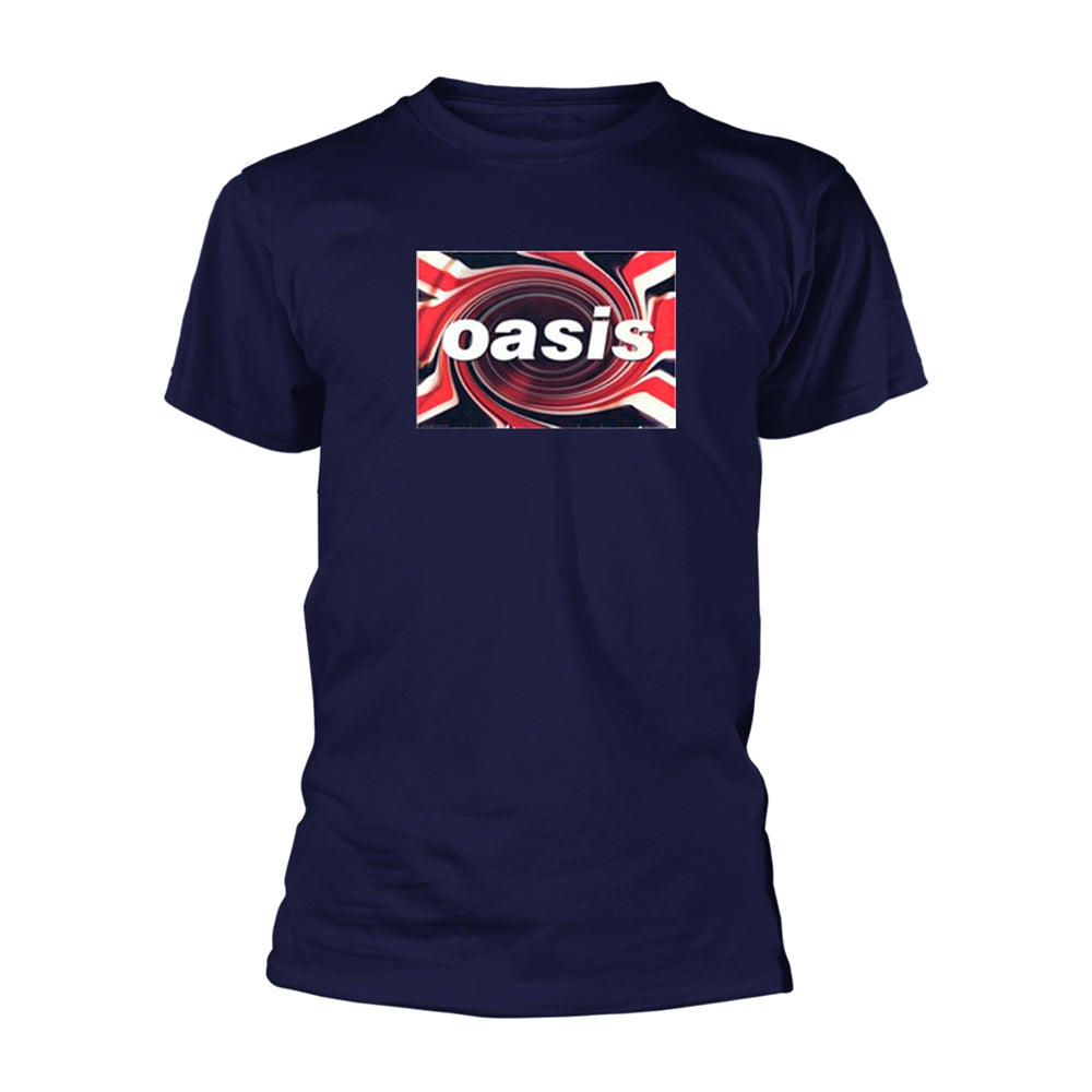 Man wearing a navy blue t-shirt with a Union Jack Oasis logo.