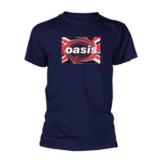 Man wearing a navy blue t-shirt with a Union Jack Oasis logo.