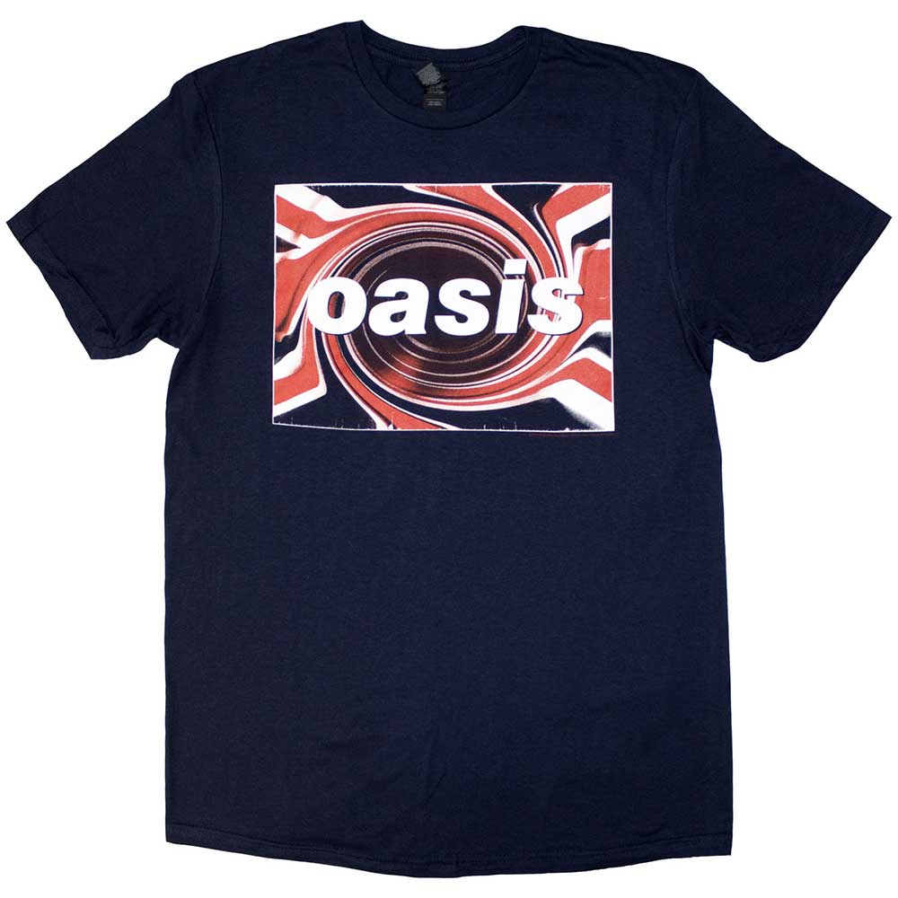 Navy t-shirt with a colorful Union Jack and "oasis" logo print.