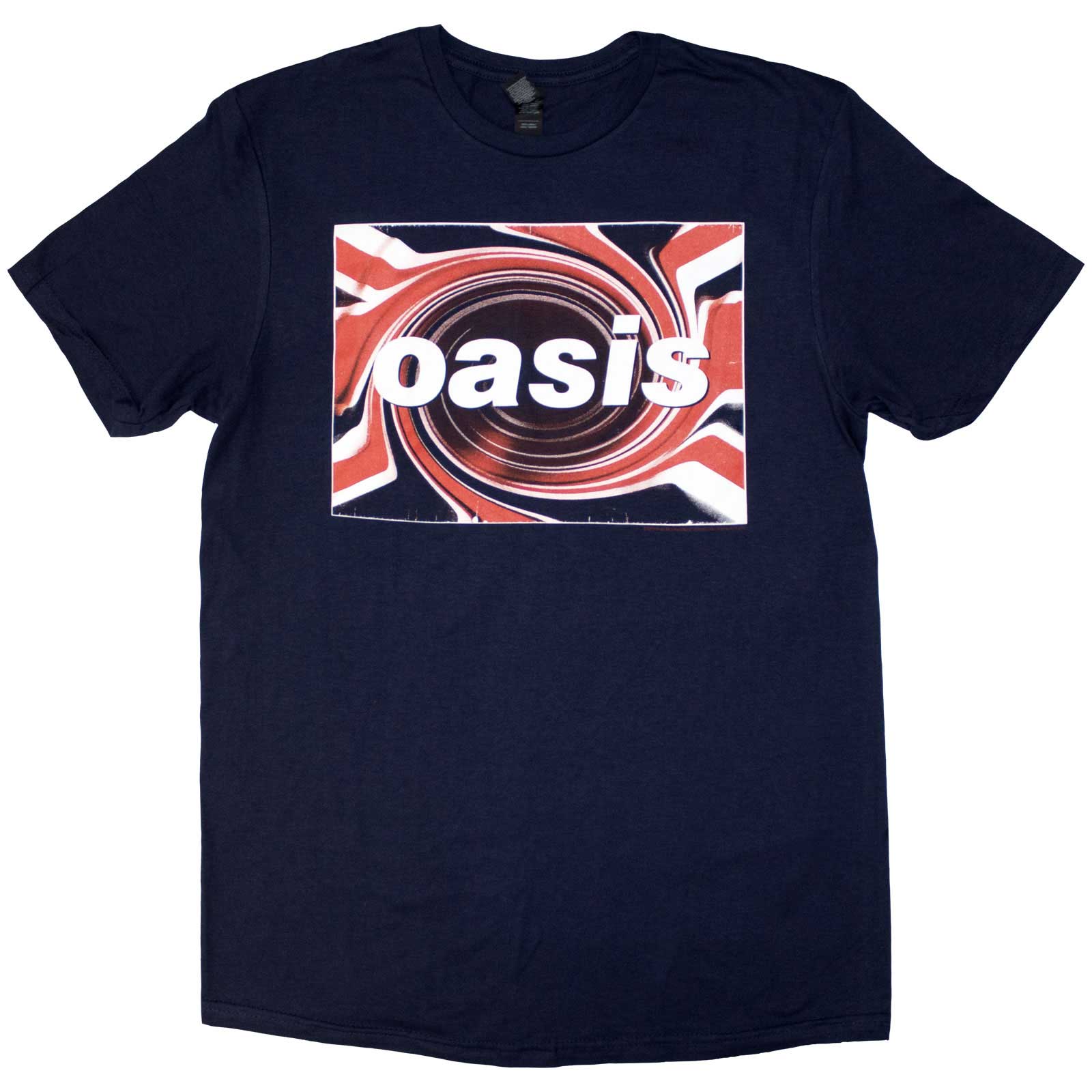 A man wearing a navy blue t-shirt featuring an Oasis logo with Union Jack swirl.