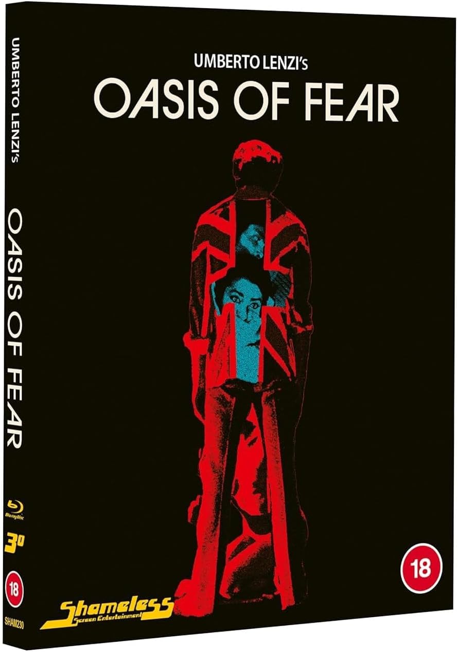 Blu-ray cover for "Oasis Of Fear" featuring a distressed figure in red.
