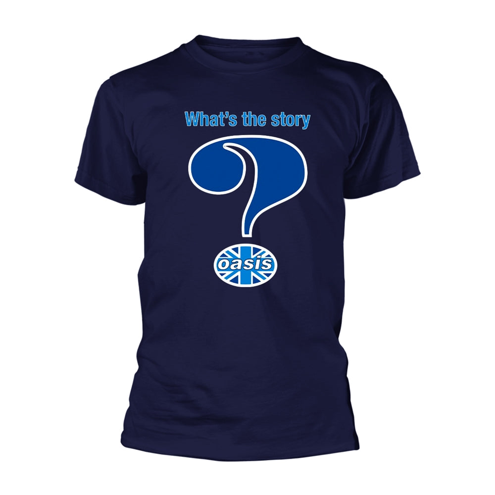 Navy blue Oasis t-shirt with a large white question mark logo.
