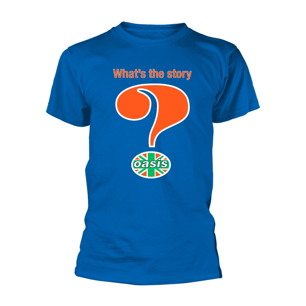 Royal blue Oasis t-shirt with a large orange question mark logo.