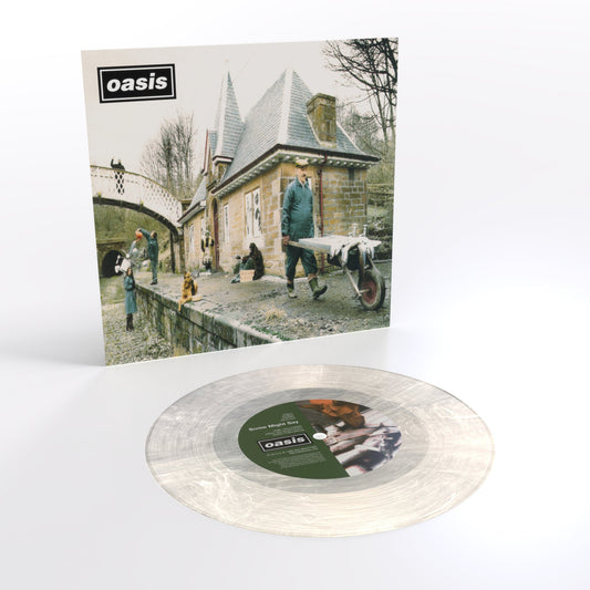 Oasis “Some Might Say” vinyl record and album cover featuring a building.