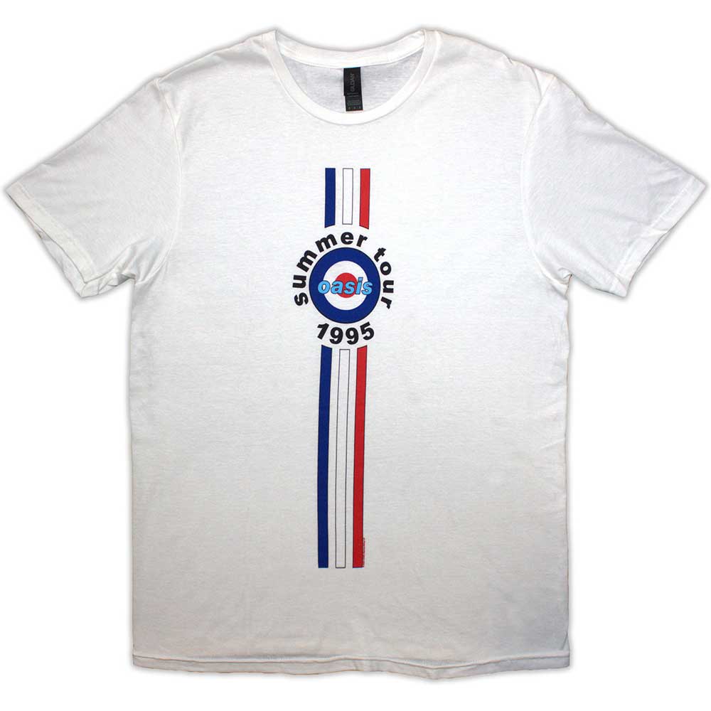 White Oasis tour t-shirt with red, white, and blue stripes.