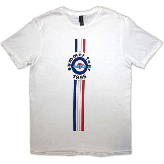 White Oasis tour t-shirt with red, white, and blue stripes.