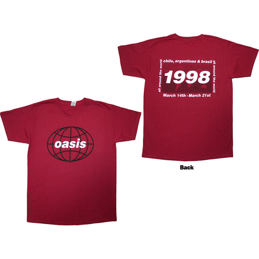 Red Oasis t-shirt with 1998 South America tour back print, size medium.