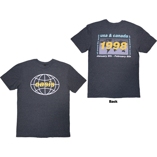 Navy blue t-shirt with Oasis 1998 USA/Canada tour back print, size small.