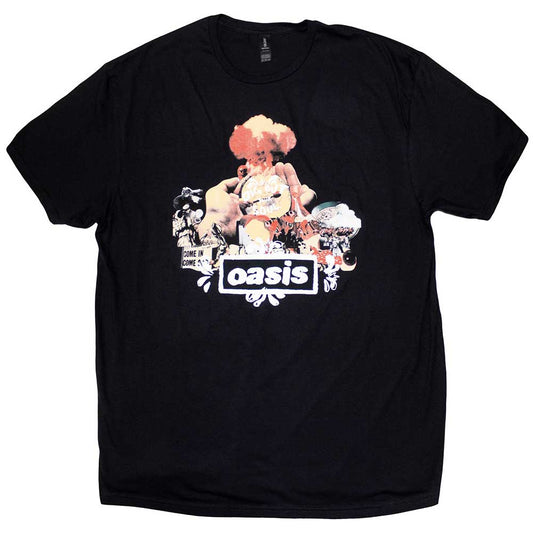 Black t-shirt with colorful collage graphic featuring the band Oasis.