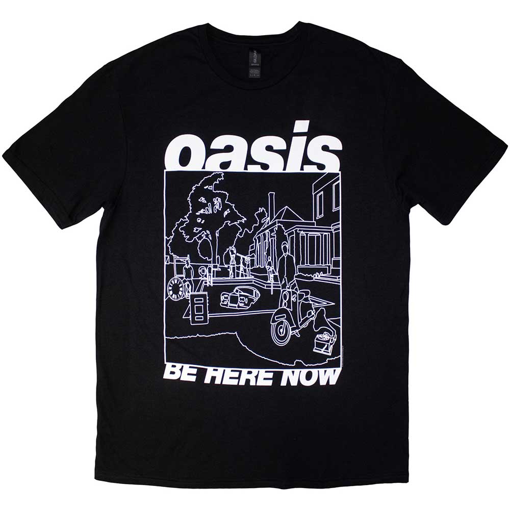 Medium unisex t-shirt with a simple line drawing design, "Be Here Now".
