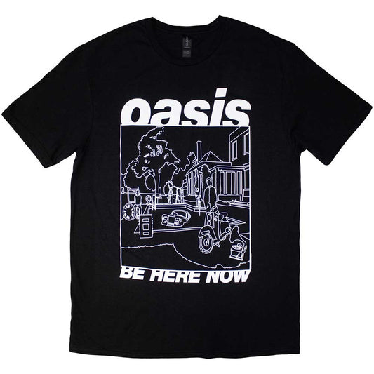 Medium unisex t-shirt with a simple line drawing design, "Be Here Now".