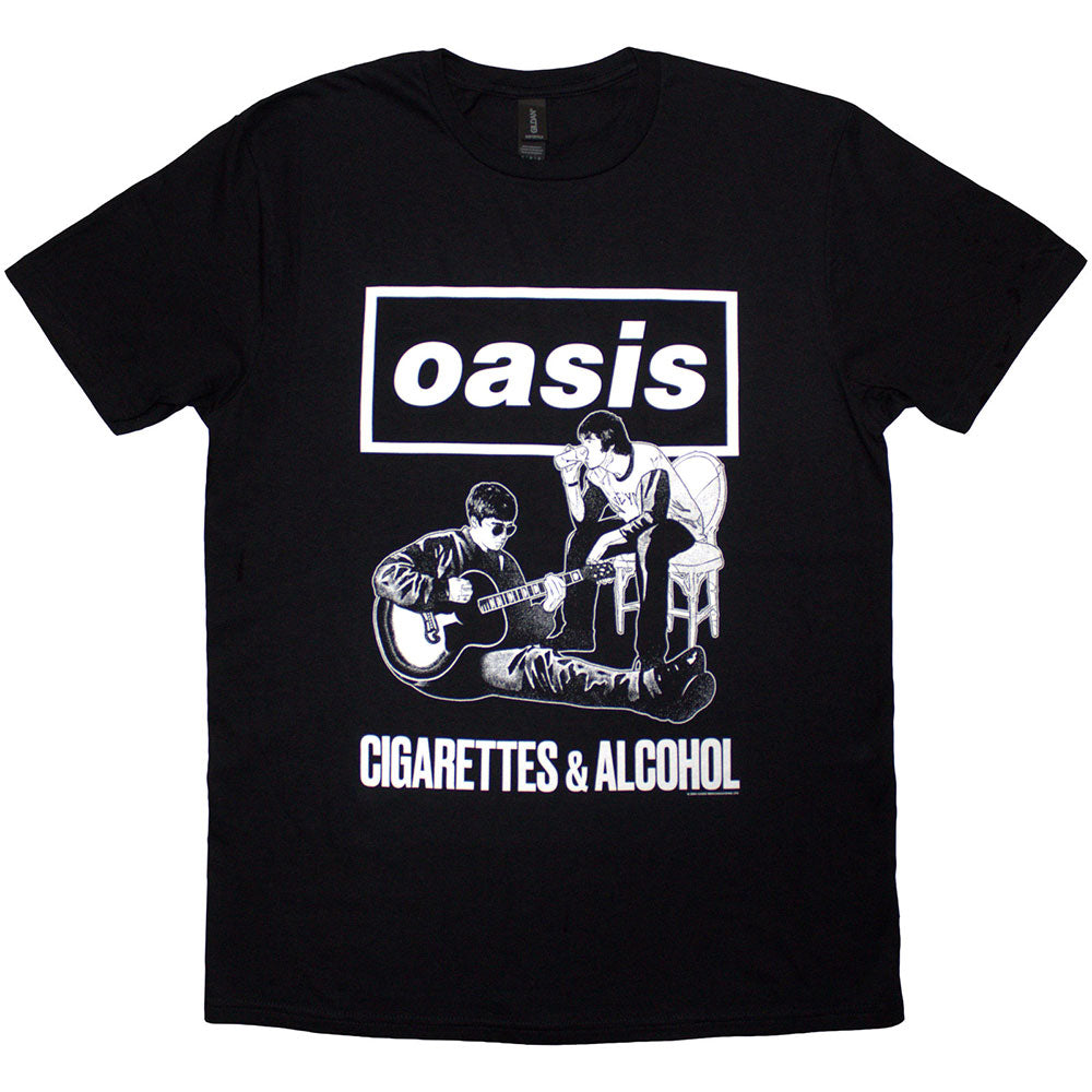 Black unisex t-shirt with a monochrome illustration of cigarettes and alcohol.