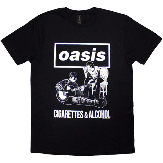 Black unisex t-shirt with a monochrome illustration of cigarettes and alcohol.