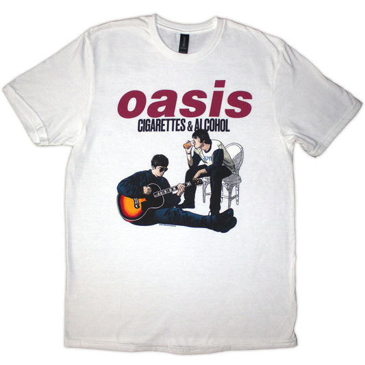 White unisex t-shirt with illustration of cigarettes and alcohol bottles.