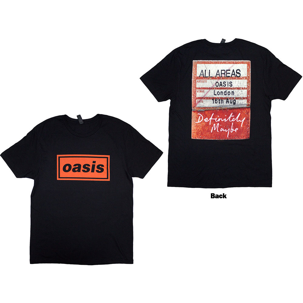 Small unisex black t-shirt with "Definitely Maybe" back print, Oasis branding.