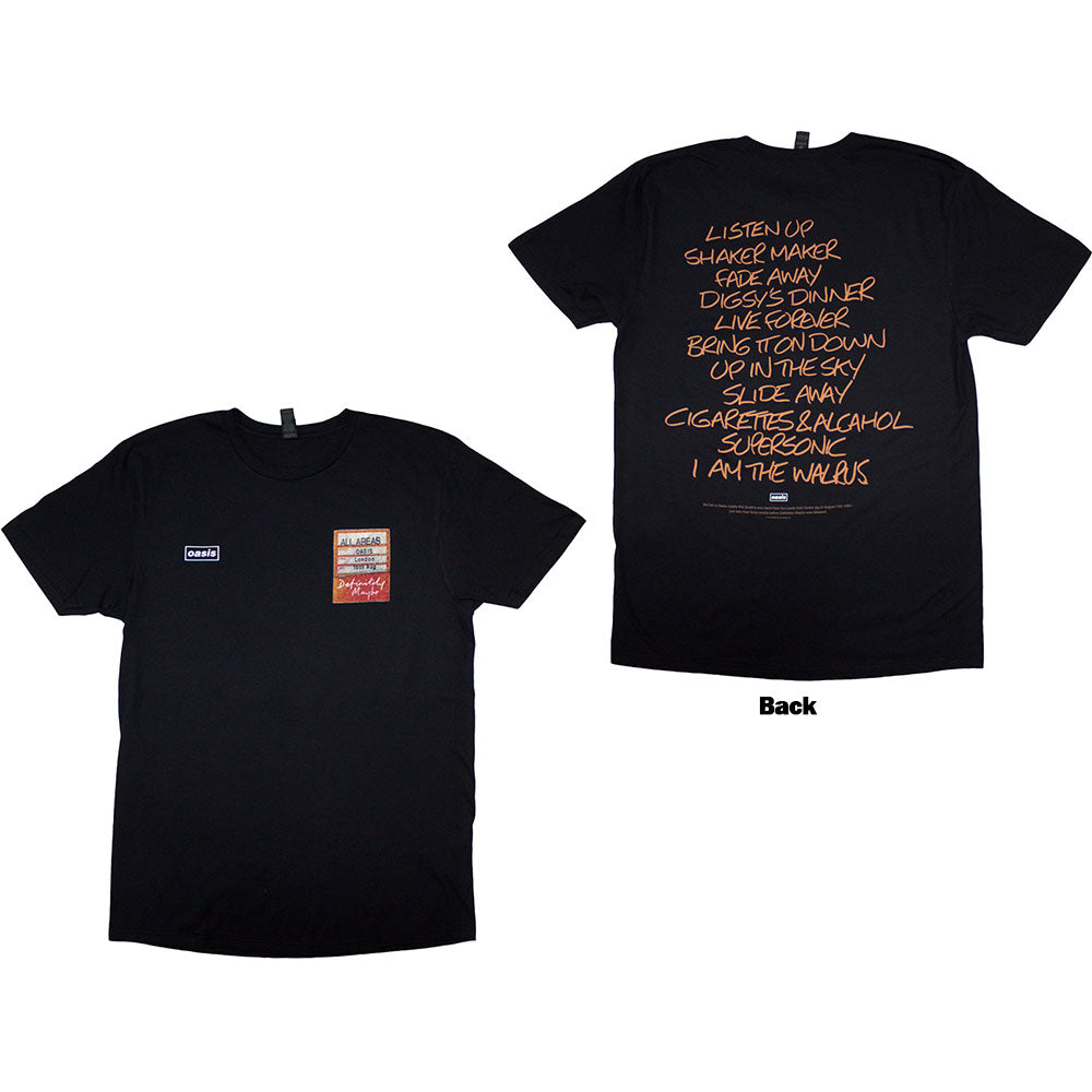 Large black t-shirt with white Oasis “Definitely Maybe” tour setlist back print.