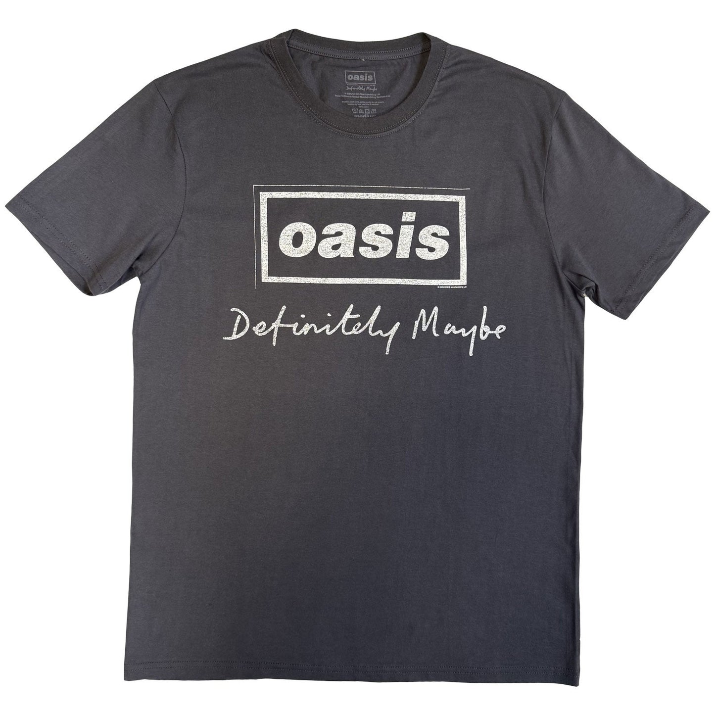 Medium, distressed beige t-shirt with “Definitely Maybe” logo text.