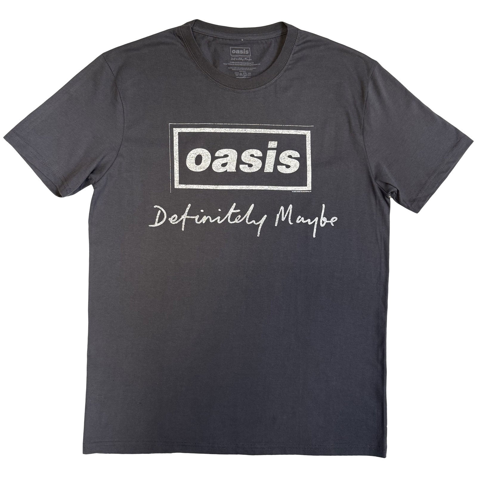 Medium, distressed beige t-shirt with “Definitely Maybe” logo text.
