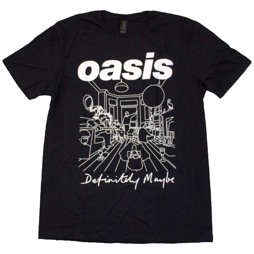 Large black t-shirt with a white line drawing, likely Oasis-related.