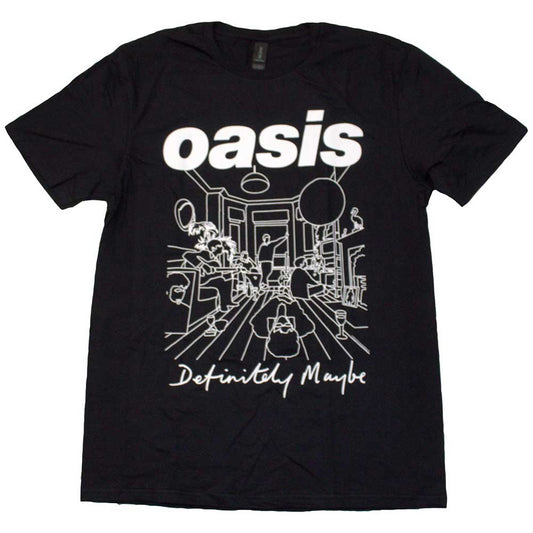 Large black t-shirt with a white line drawing, likely Oasis-related.