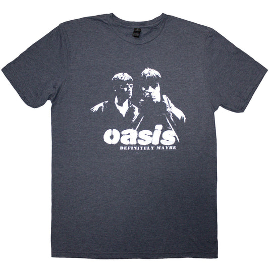 Navy blue unisex t-shirt with a faded Oasis "Definitely Maybe" album cover stencil print.