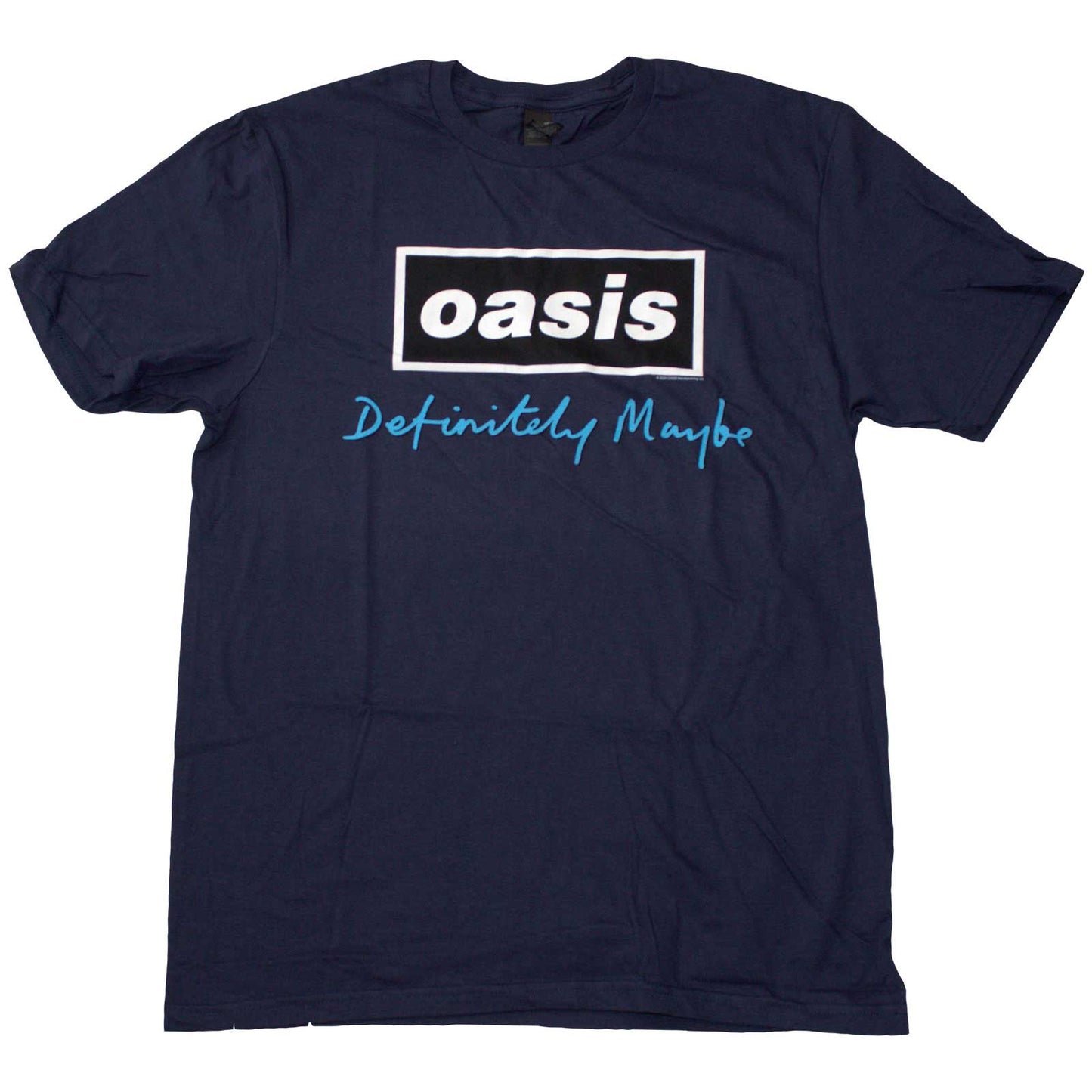 Black unisex t-shirt featuring the white Oasis Definitely Maybe text logo on the chest.