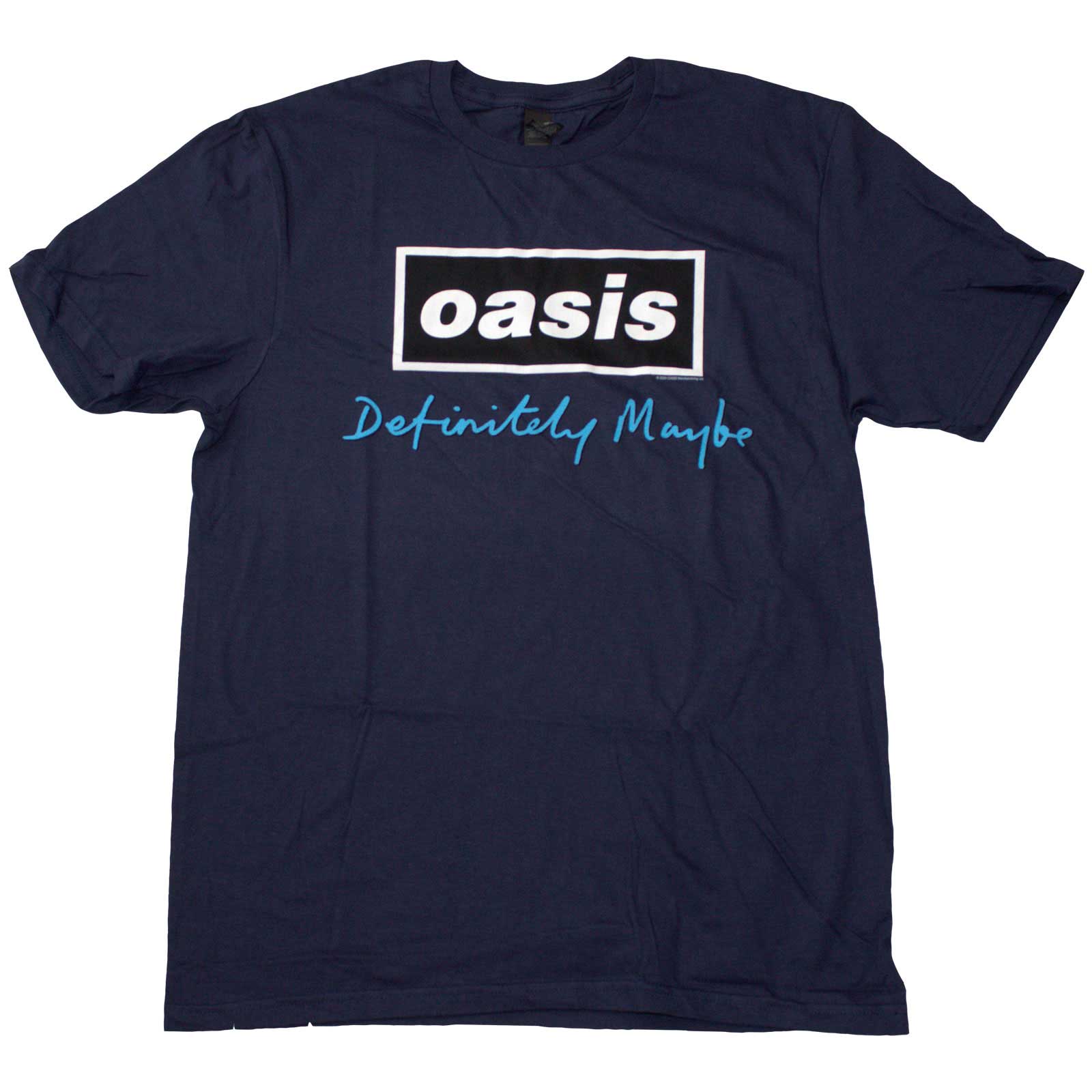 Black unisex t-shirt featuring the white Oasis Definitely Maybe text logo on the chest.