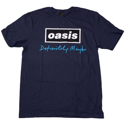 Black unisex t-shirt featuring the white Oasis Definitely Maybe text logo on the chest.
