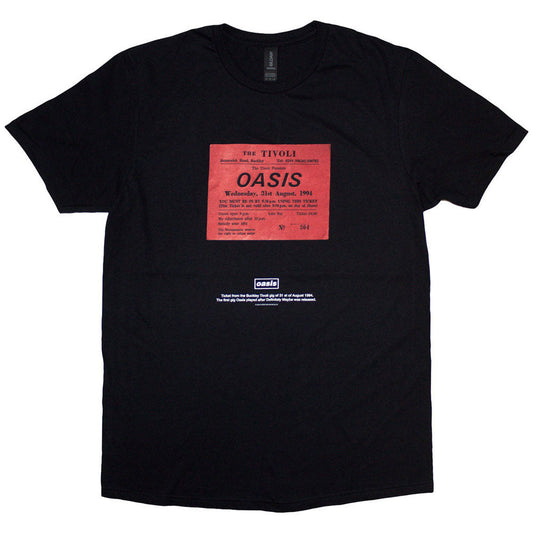 Black unisex t-shirt with a graphic resembling an Oasis concert ticket stub.