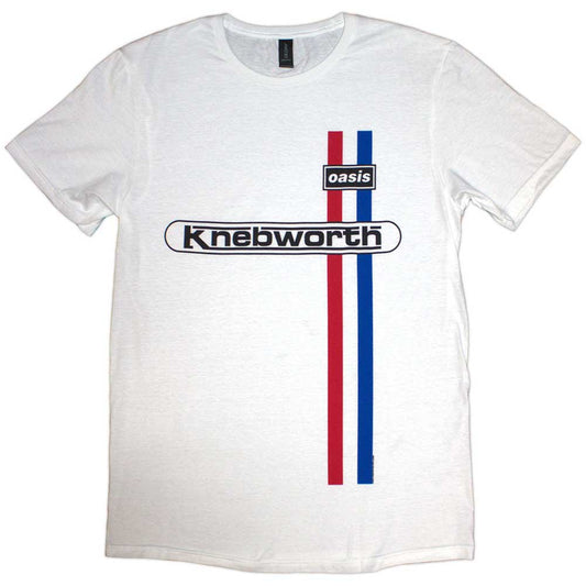 Unisex X-Large T-shirt featuring a vertical stripe pattern and Oasis Knebworth branding.