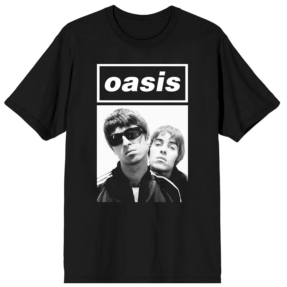 White unisex t-shirt featuring a boxed photograph of Noel and Liam Gallagher.