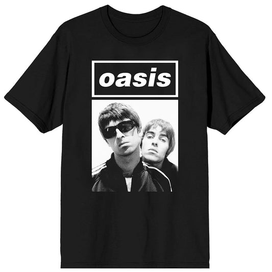 White unisex t-shirt featuring a boxed photograph of Noel and Liam Gallagher.