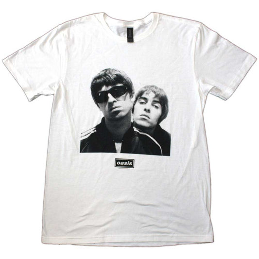 Black unisex t-shirt featuring a square photo of Noel and Liam Gallagher.