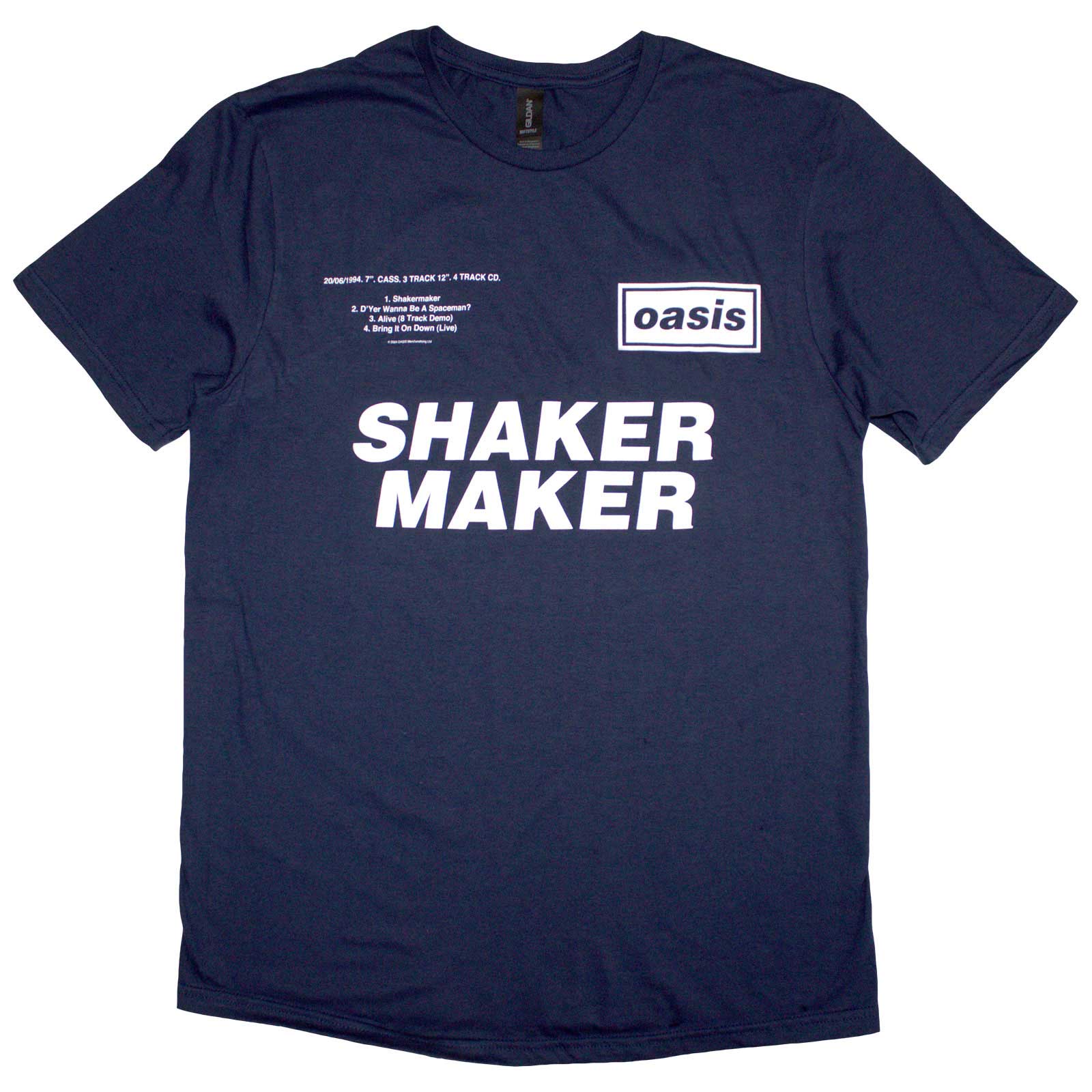 Black unisex Oasis t-shirt displaying the “Shakermaker” tracklist, size X-Large.