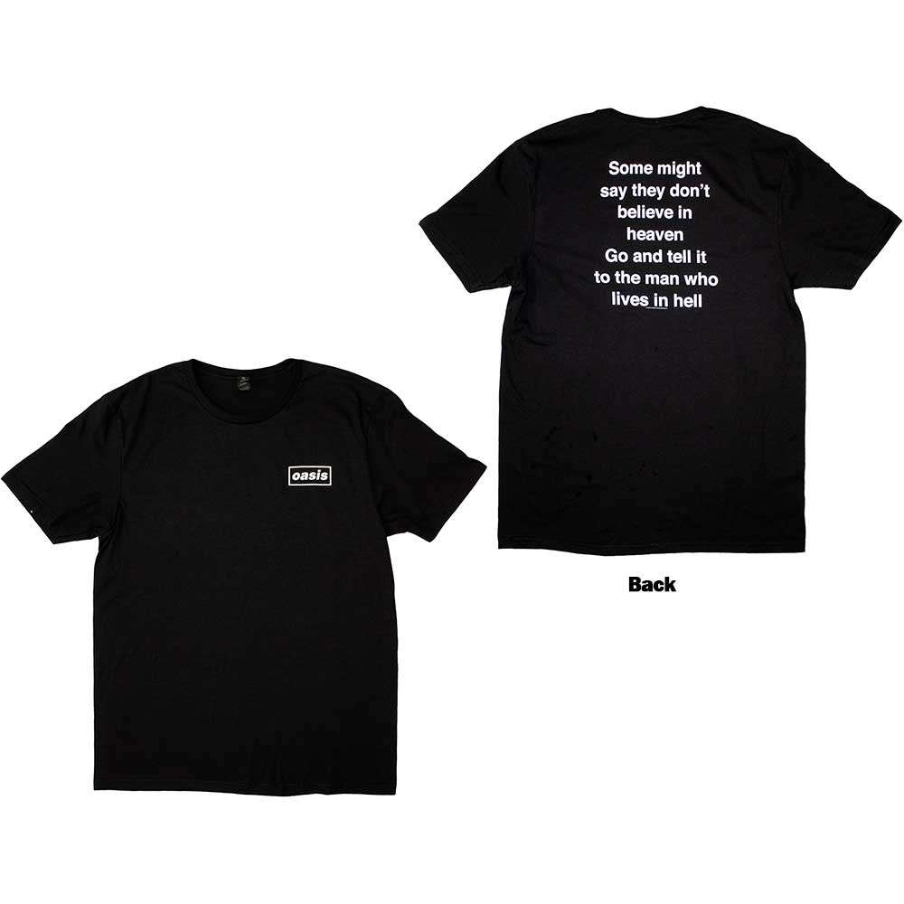 Black unisex t-shirt with white “Some Might Say” Oasis lyrics on the back.