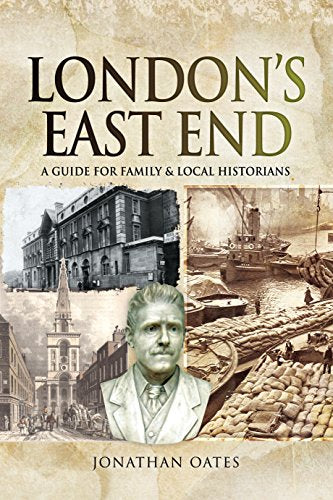 Book cover: "London's East End" with historical images of buildings and people.