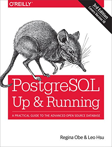 Book cover: "PostgreSQL Up & Running" with a shrew illustration.